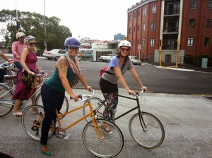 Melissa Bruntlett and Leah Murphy (Frocks on Bikes Wellington) riding Tokyo bikes